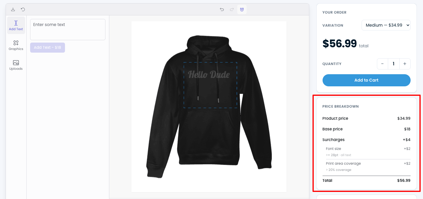 Product page — pricing breakdown rendered below short description