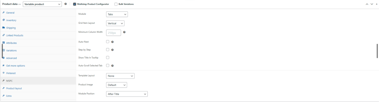 WooCommerce product — MSPC checkbox and settings tab