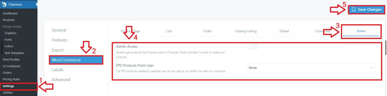 Settings — Dokan-Bereich mit Admin Access und Products From User