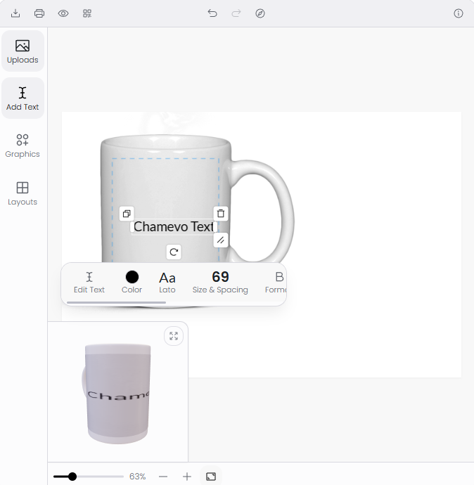 Frontend — 3D preview showing custom text on a mug