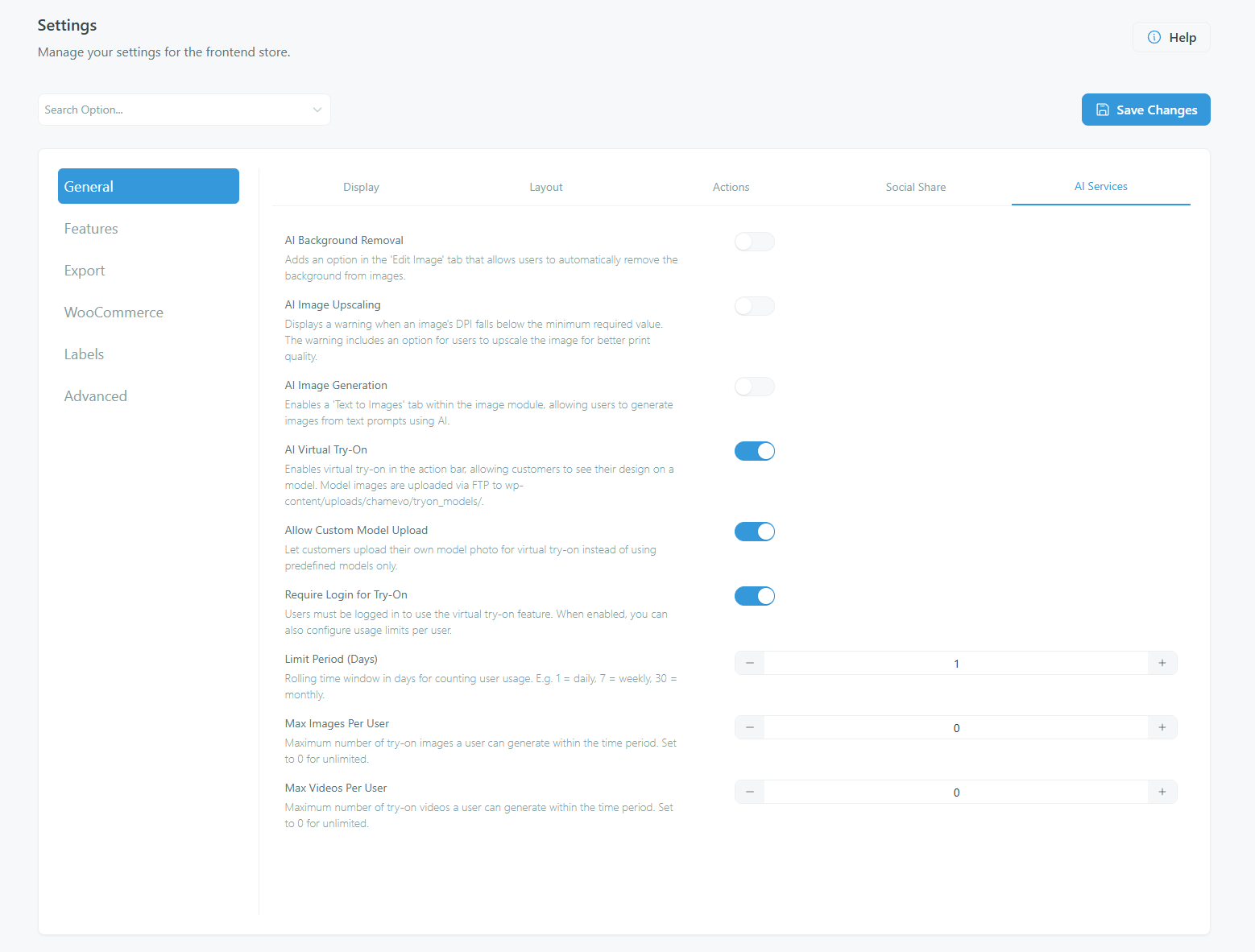 Settings — Virtual Try-On settings