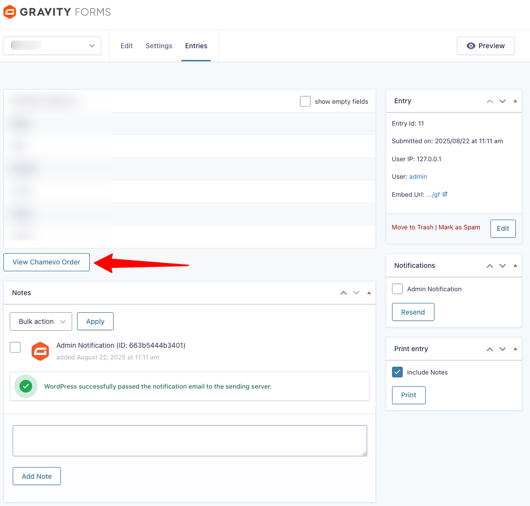 Gravity Forms entry — Chamevo order viewer