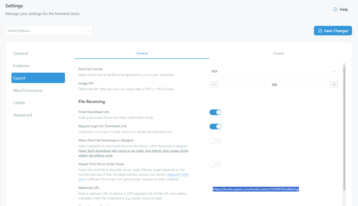 Settings — Webhook URL field