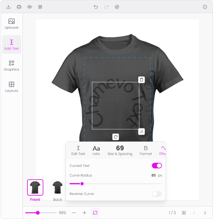 Product Builder — curved text element on canvas