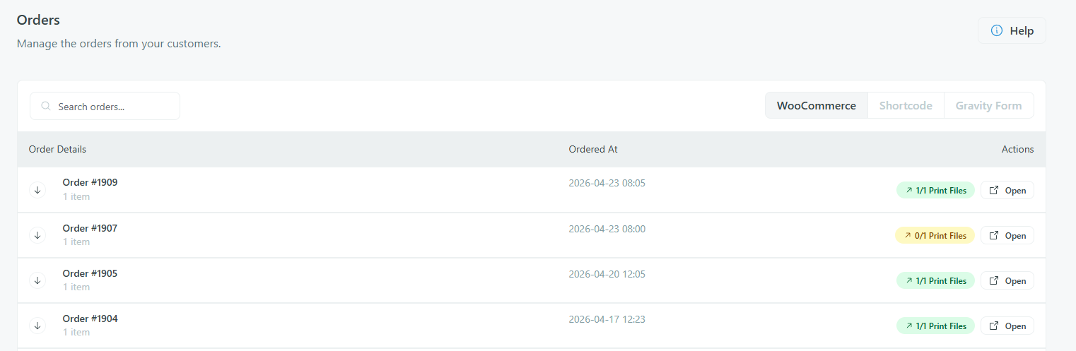 Orders page — order list with status indicators
