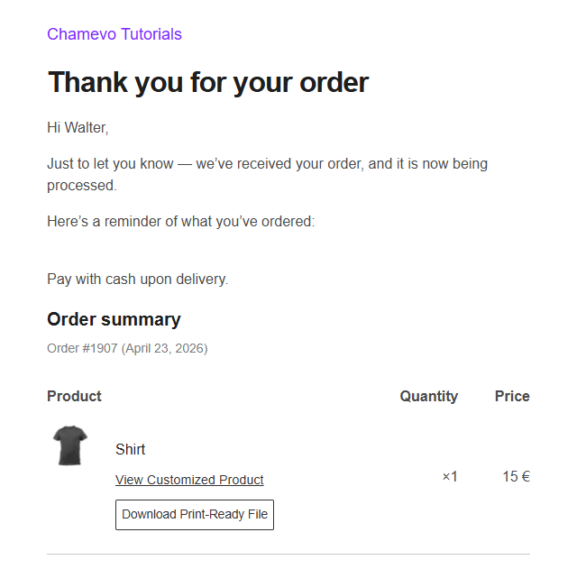 Order page — customization link and save button