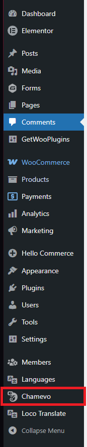 Screenshot: WordPress admin sidebar showing the Chamevo menu item