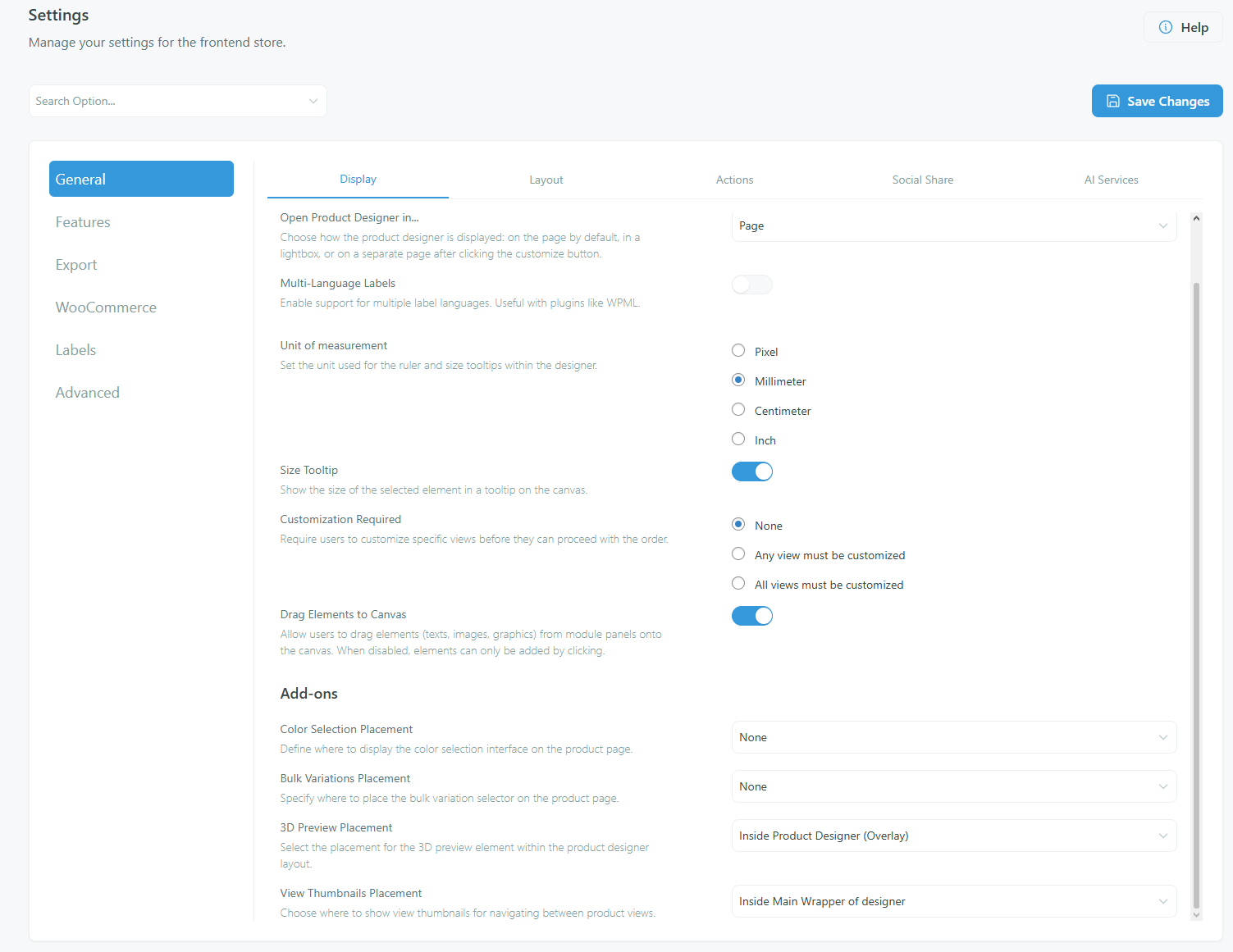 Settings — 3D Preview Placement dropdown