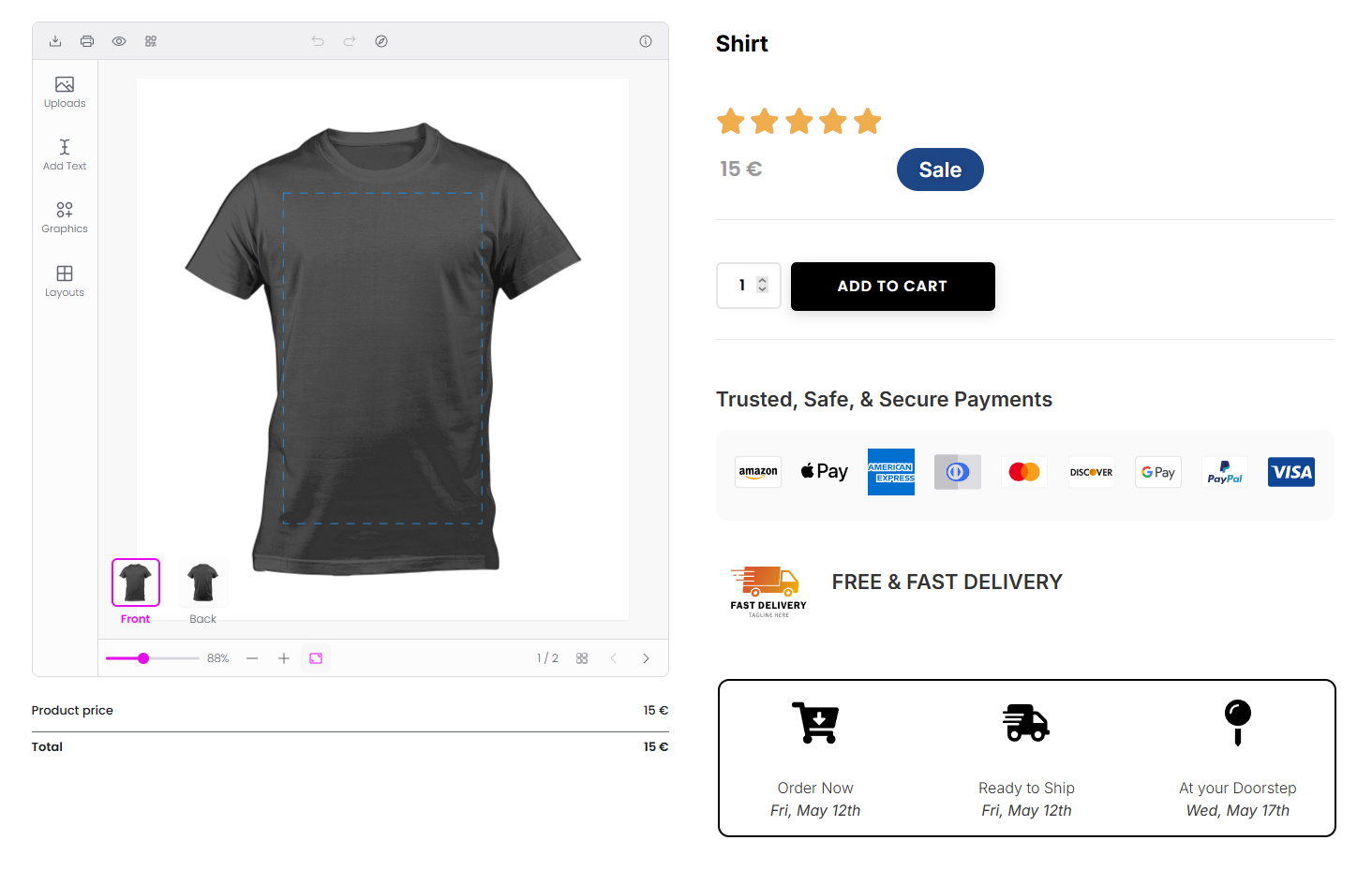 Screenshot: WooCommerce product page on the frontend with the Chamevo product customizer visible