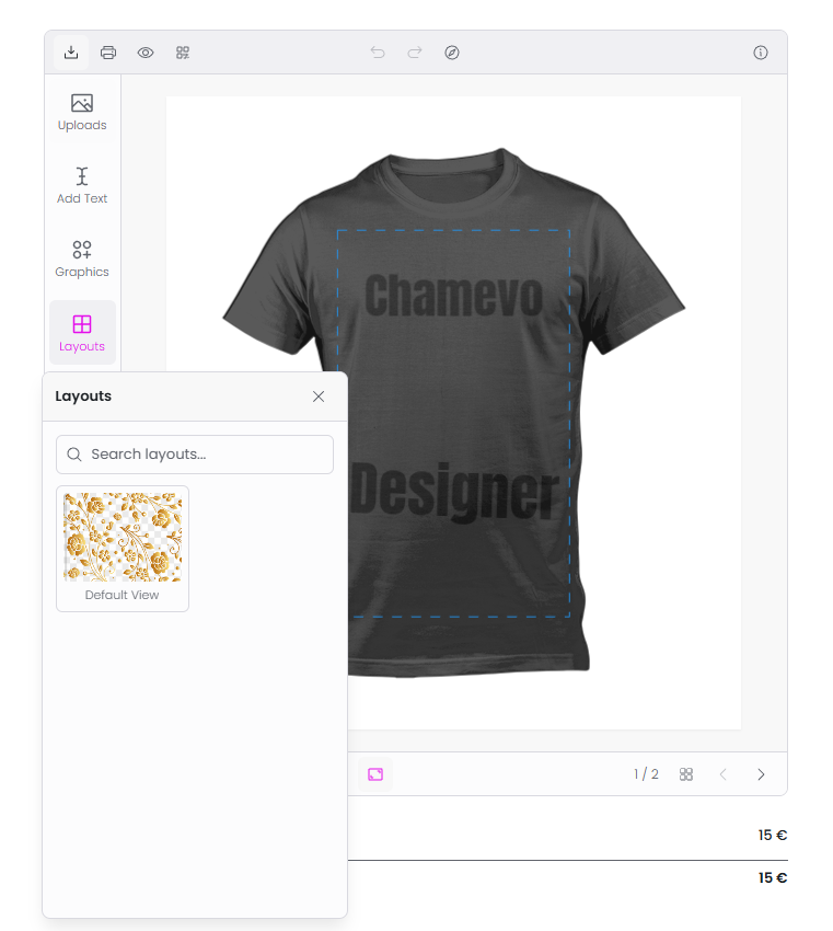 Screenshot: Product customizer with the Layouts module open showing layout options as thumbnail cards