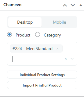 Screenshot: WooCommerce product editor showing the Chamevo panel on the right side with source type, desktop product assignment, and mobile product assignment fields