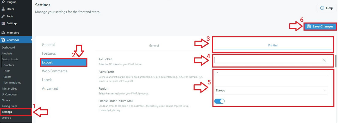 Settings — Printful API-Token und Optionen