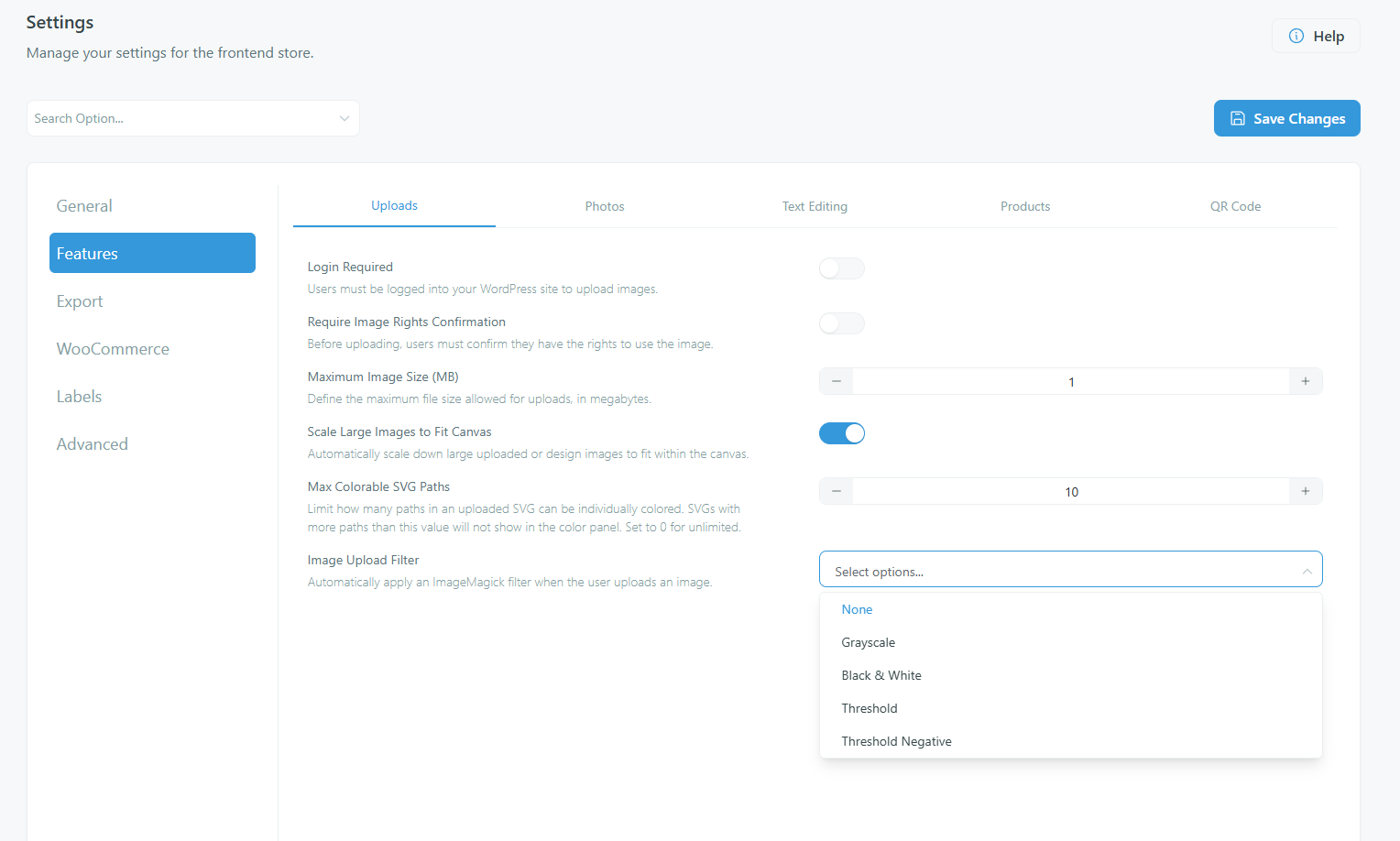 Settings — Image Upload Filter-Dropdown