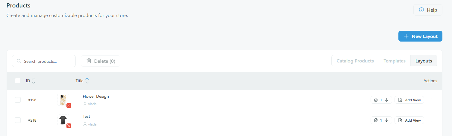 Screenshot: Chamevo Products page creating a new product with the type set to Layout