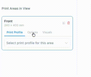 Print area settings — Print Profile, Options, and Visuals tabs with print profile selector