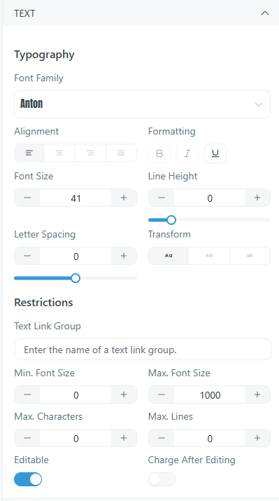 Screenshot: Product Builder with a text element selected on the canvas and the Element Options panel showing font and permission settings