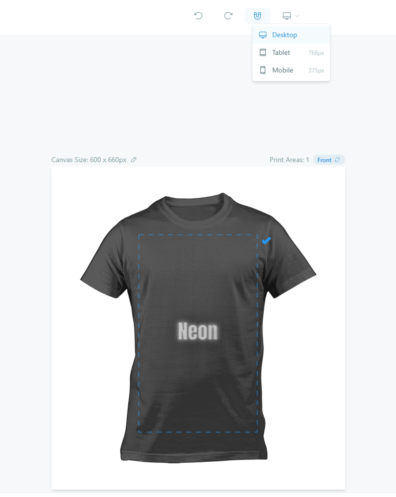 Screenshot: Product Builder preview mode showing the product customizer with active elements