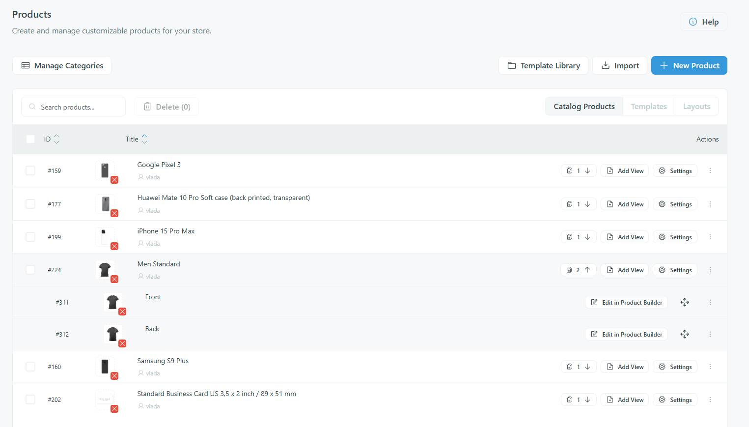 Screenshot: Chamevo Products page showing migrated products from FPD