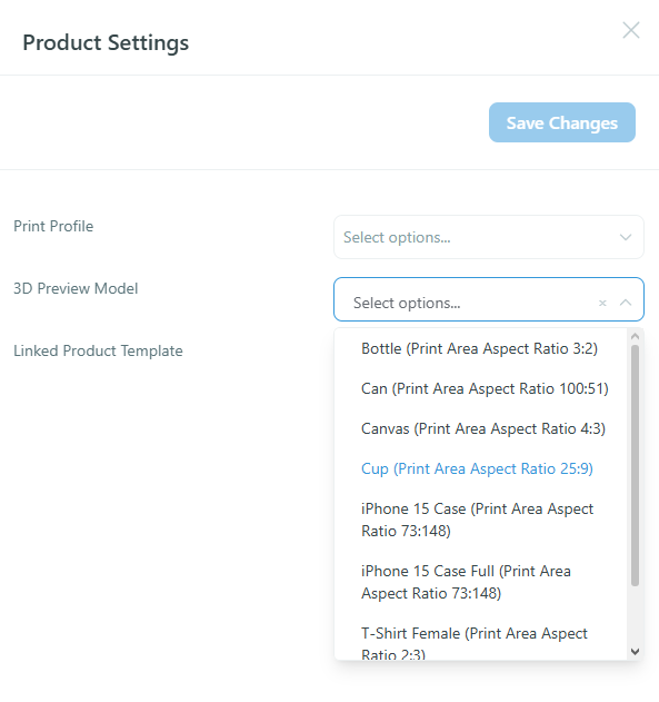 Product settings — 3D Preview Model dropdown