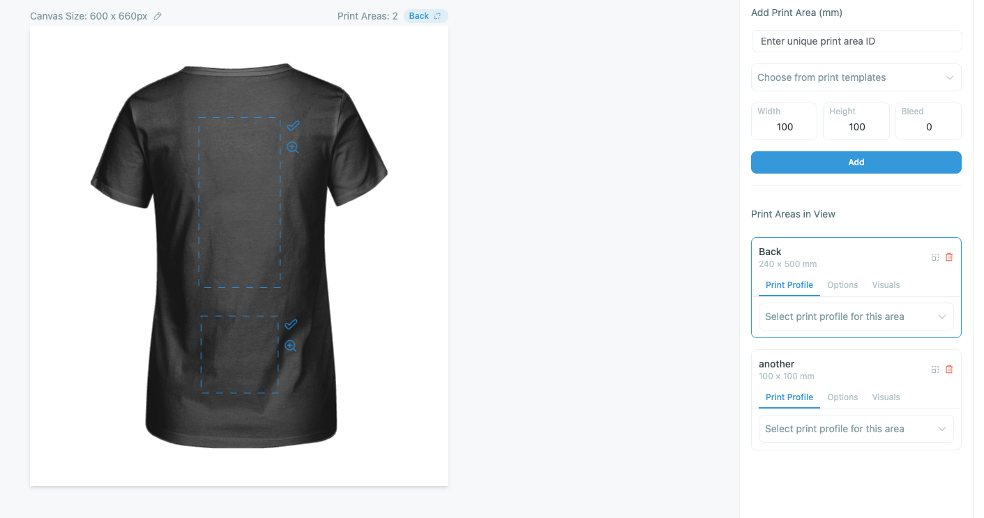 Product Builder — two print areas on one view, numbered in creation order