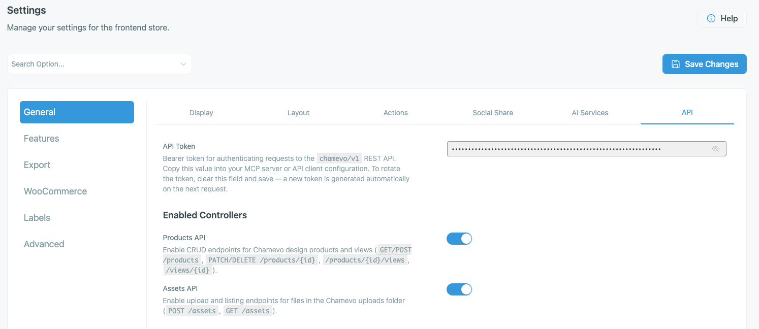 General Settings — API-Tab mit Token und Controller-Umschaltern