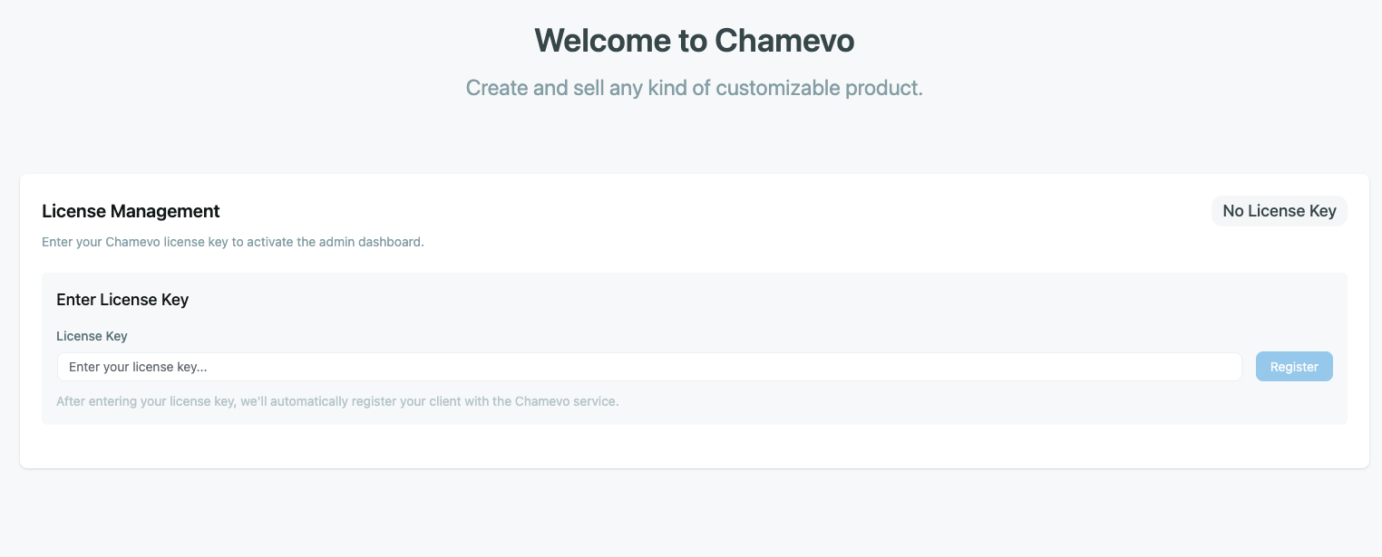 Screenshot: Chamevo Dashboard page with the license key input field and activate button