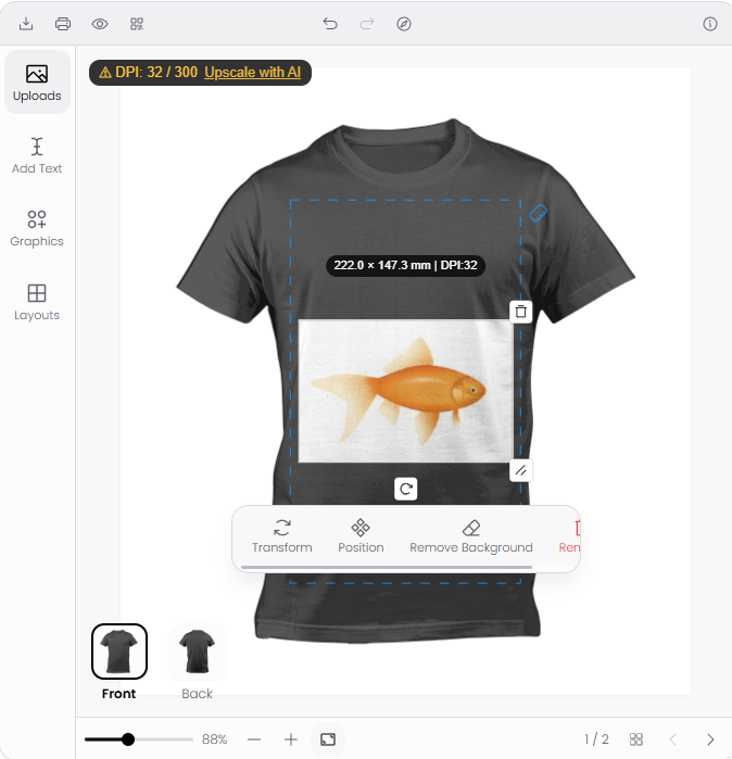 Canvas — DPI warning with upscale button