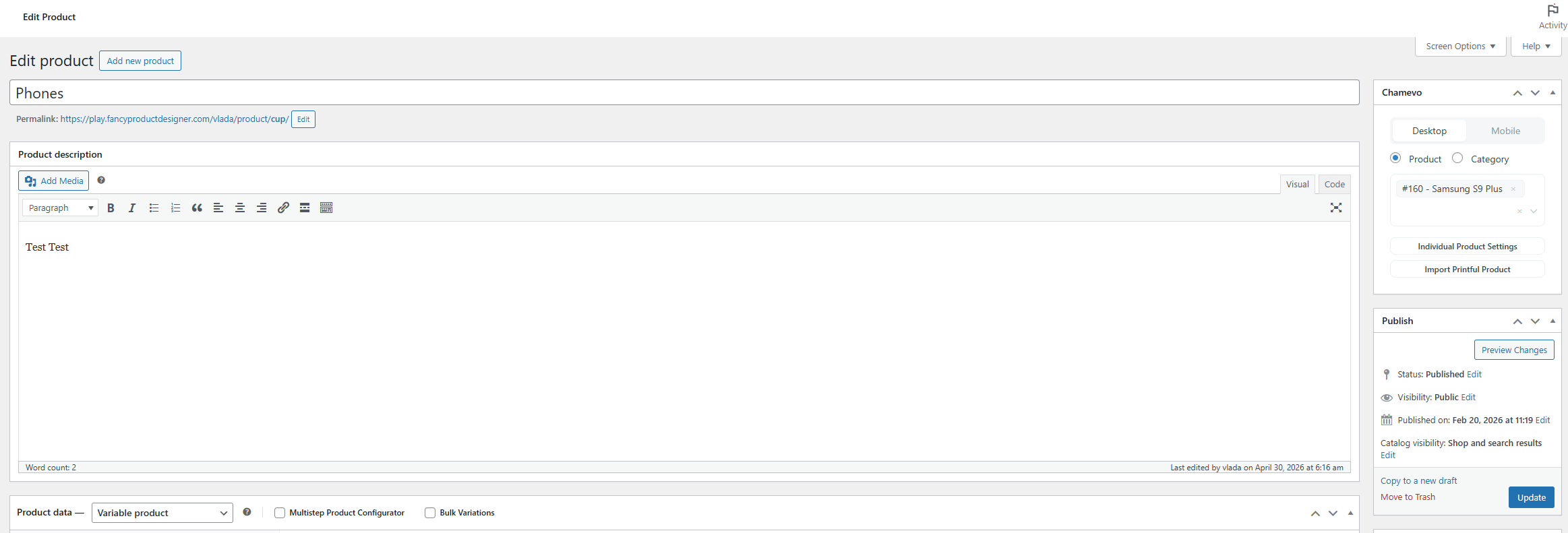 WooCommerce-Produkt — Chamevo-Metabox