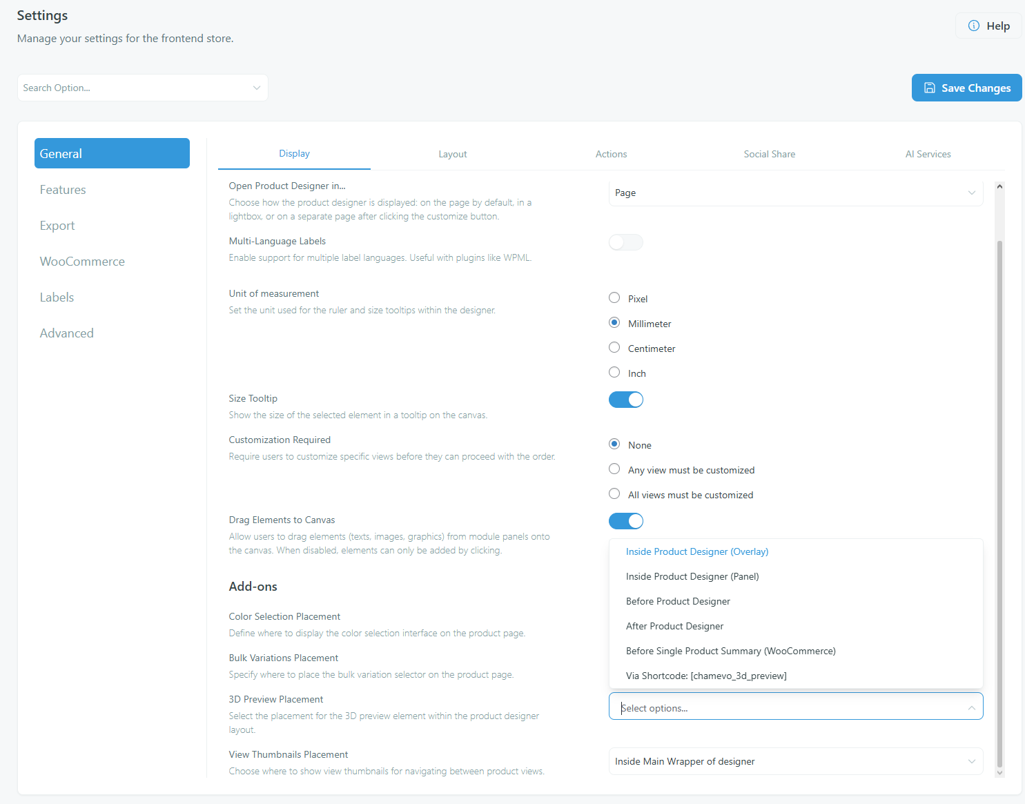 Settings — 3D Preview Placement option