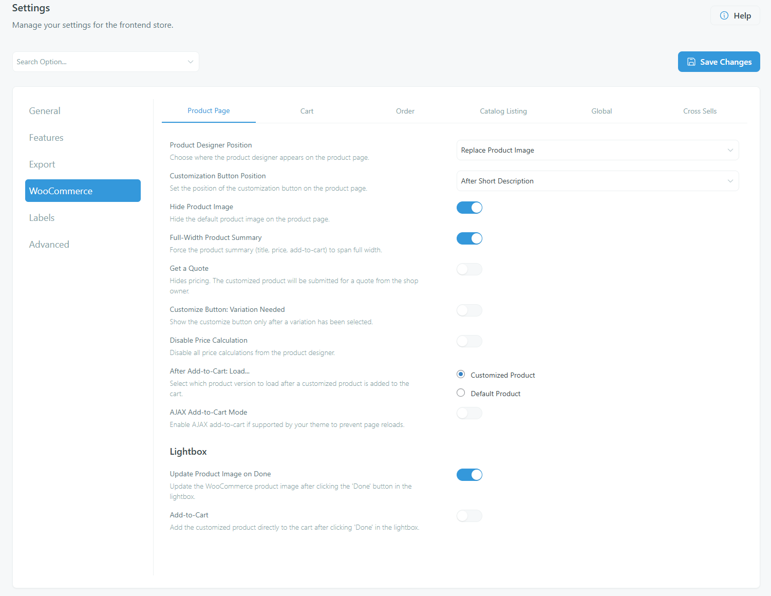 Screenshot: Chamevo Settings WooCommerce tab showing Product Designer Position and Customization Button Position dropdowns