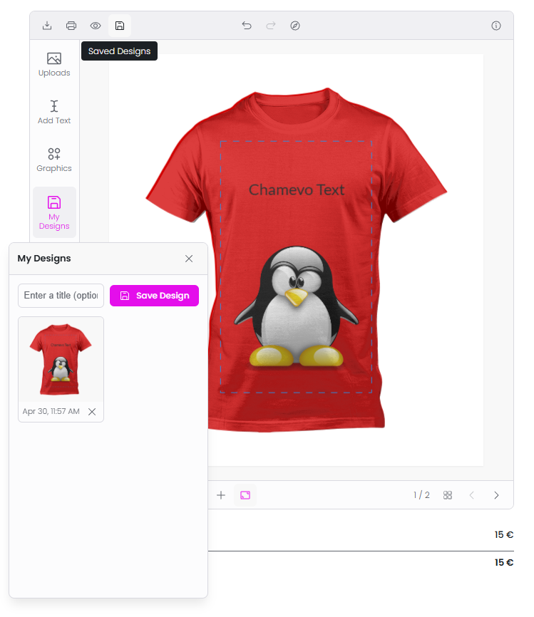 My Designs module — save bar and design grid