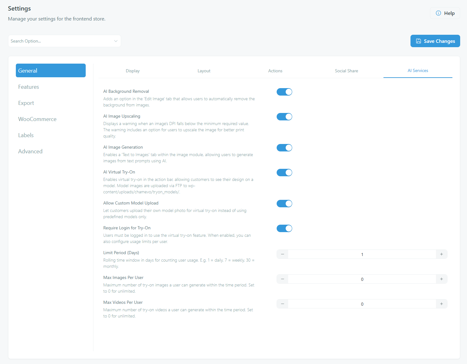 Settings — AI Services-Schalter