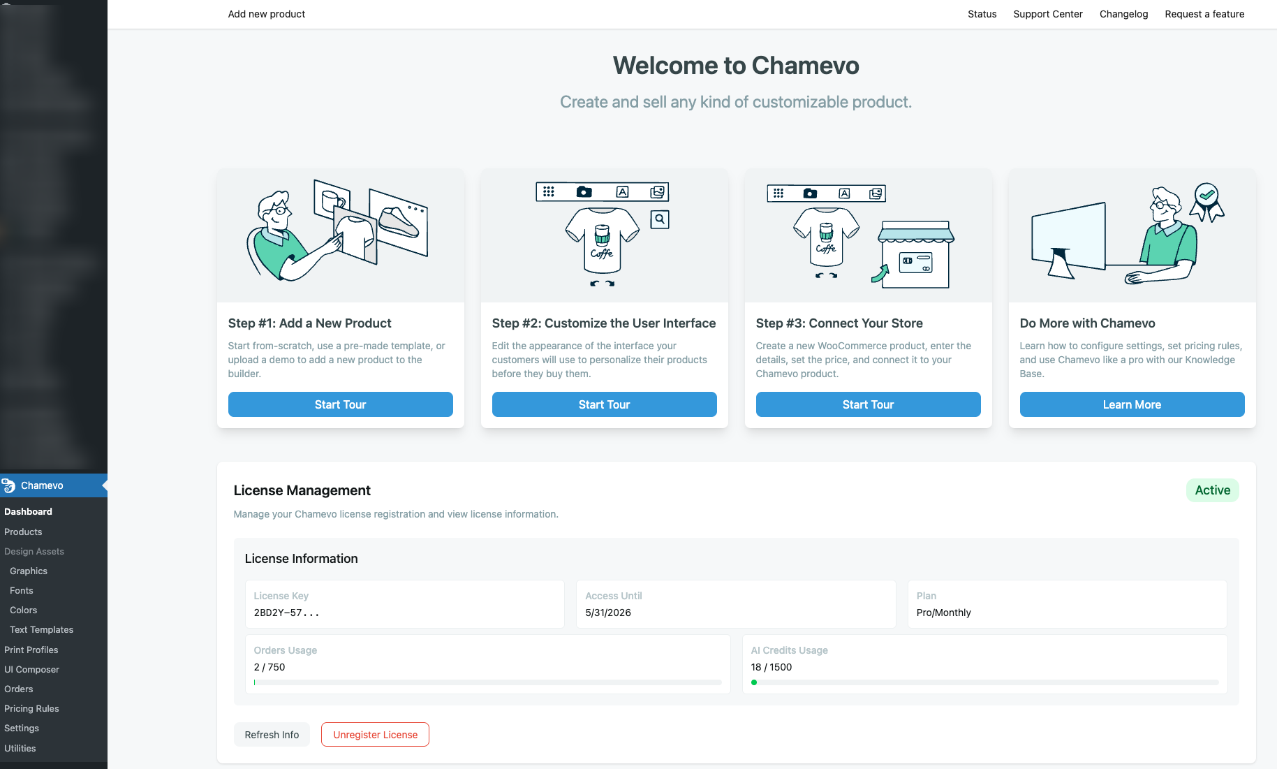 Screenshot: WordPress admin sidebar with the Chamevo menu expanded showing all submenu items