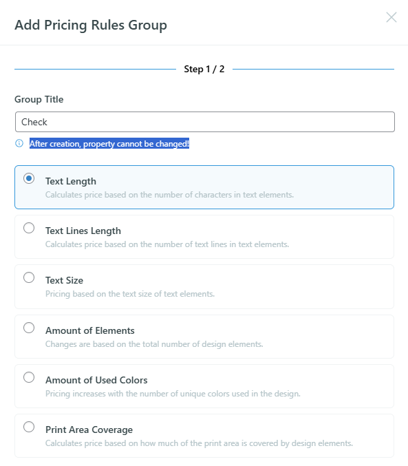 Pricing Rules — Step 1, selecting Text Length property