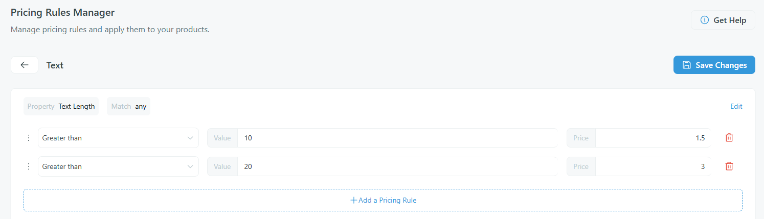 Pricing Rules — Step 2, text length rules configured