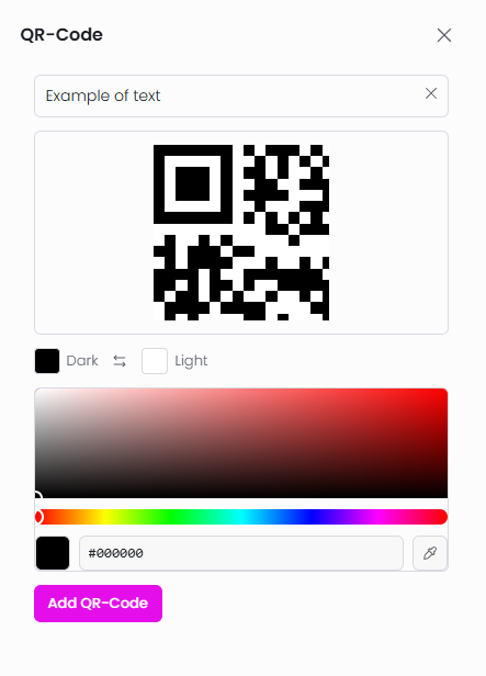 QR-Code-Tab — Eingabefeld, Vorschau und Farbfelder