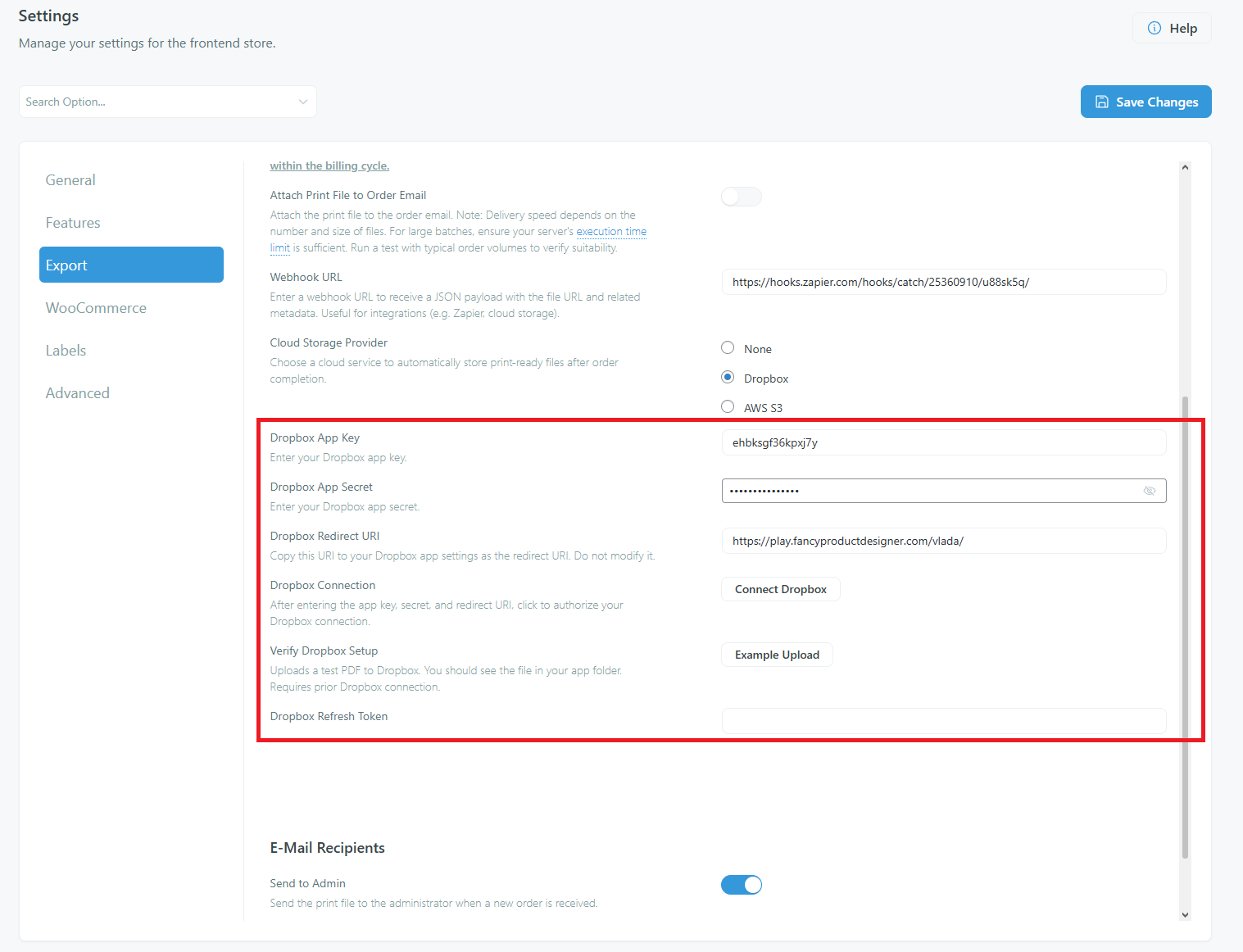 Settings — Export tab with Dropbox connected