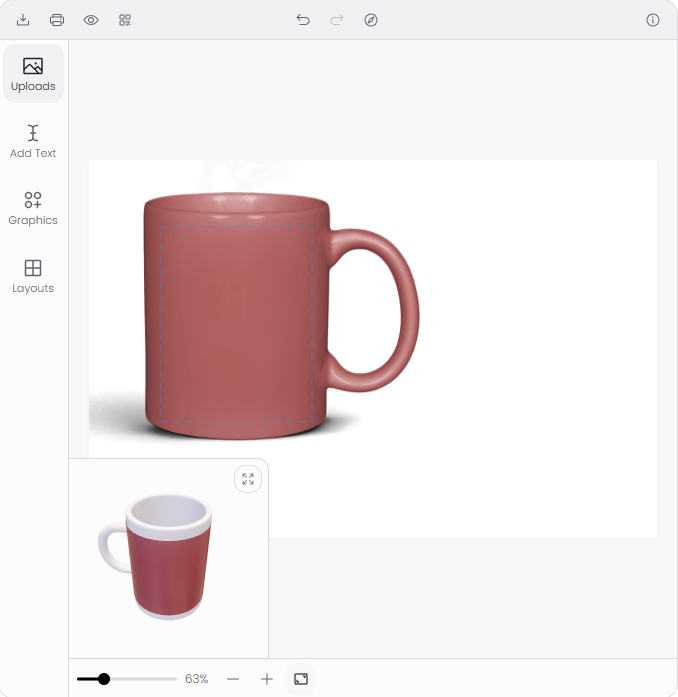 3D preview — customer rotating a mug with custom design