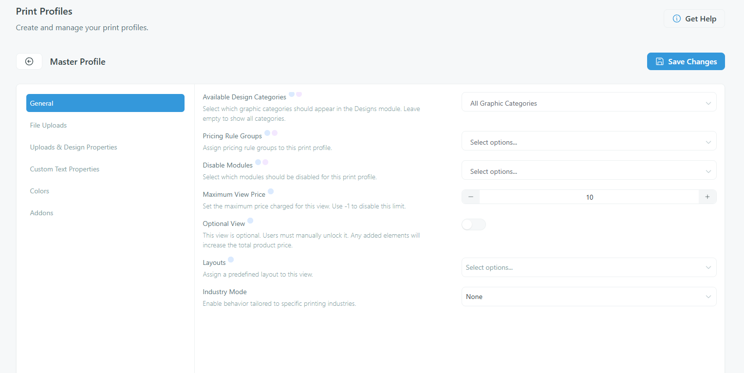 Print Profiles — Master Profile editor with tabs
