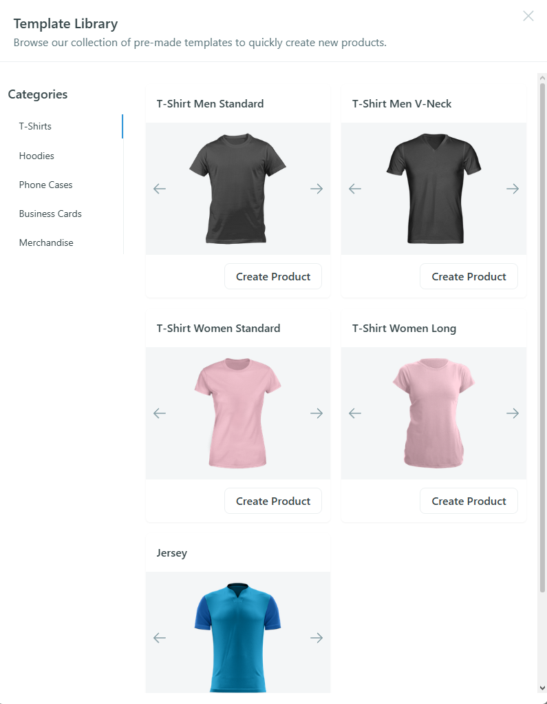 Screenshot: Template Library showing category filter and template preview cards with thumbnails