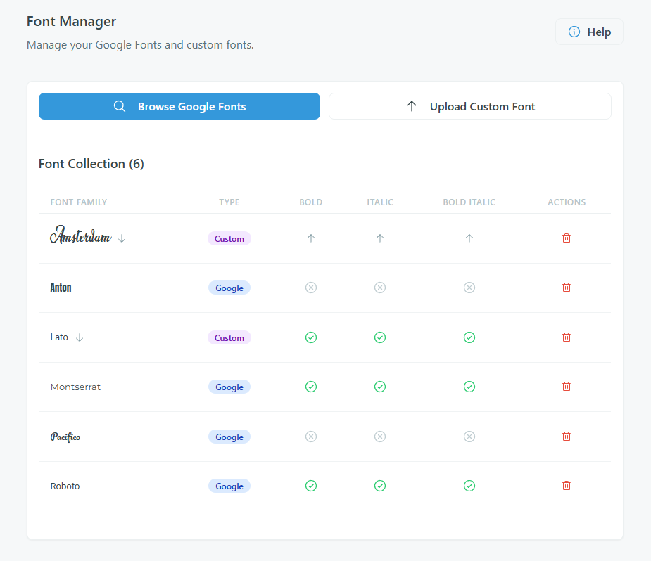 Font Manager — eigene Schriftart hochgeladen mit Varianten