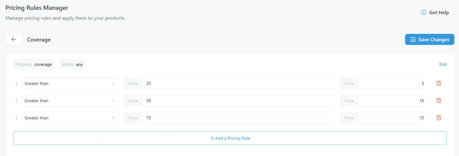 Pricing group — coverage rules configured