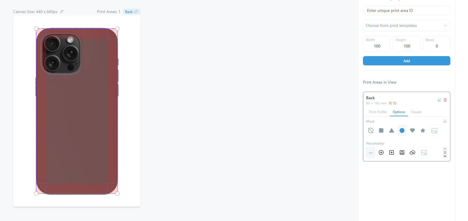 Product Builder — print area with bleed zone visible