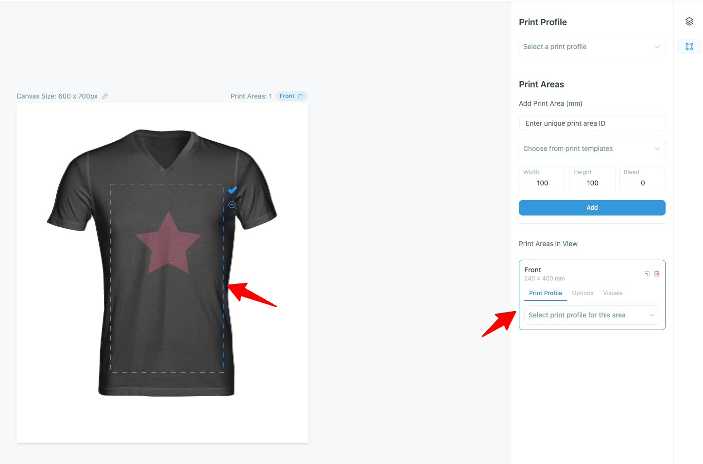 Product Builder — print area box visible on canvas over background image