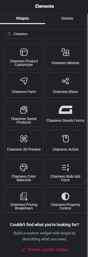 Elementor editor — Chamevo widgets in the panel