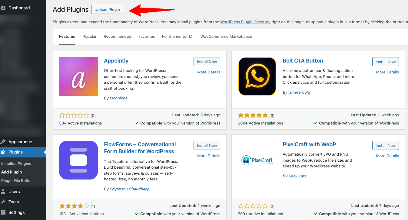 Screenshot: WordPress Add Plugins page with the Upload Plugin form visible and a ZIP file selected