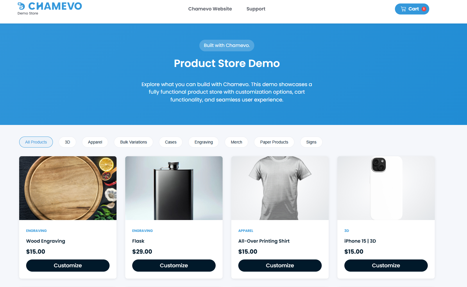 Shop page — customize button in catalog