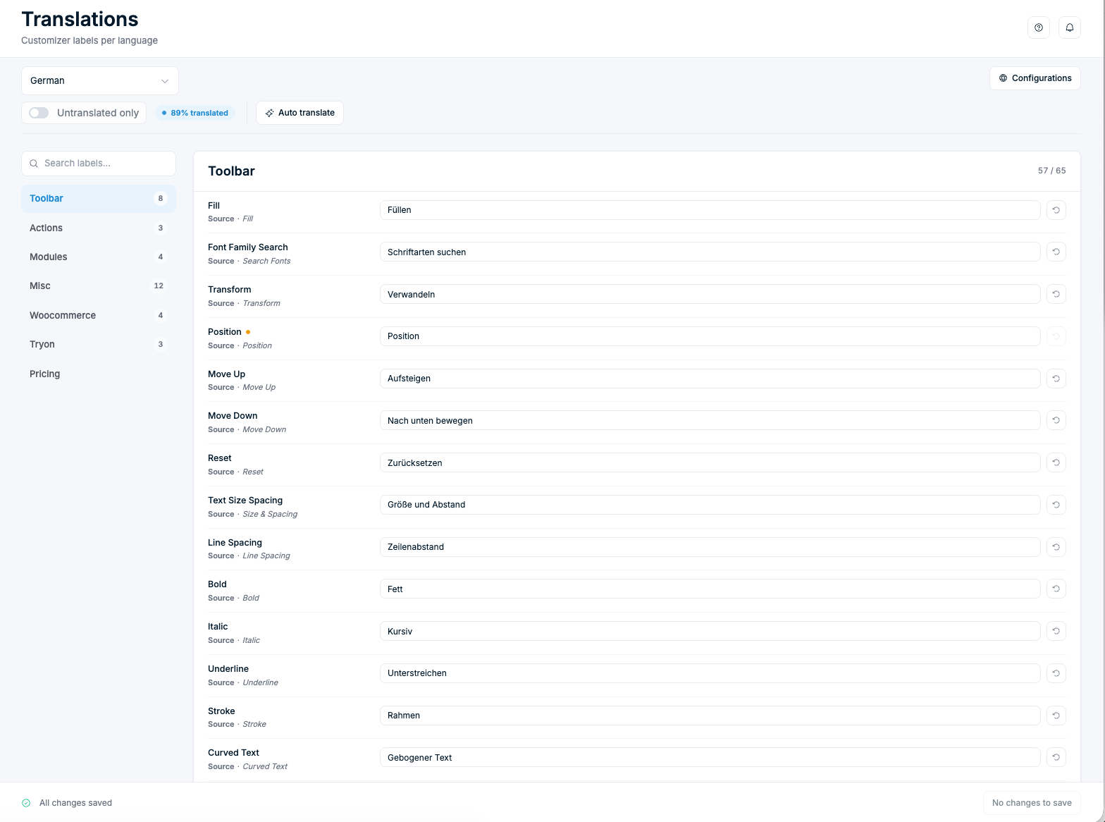 Translations page — language dropdown, label groups, and Auto translate