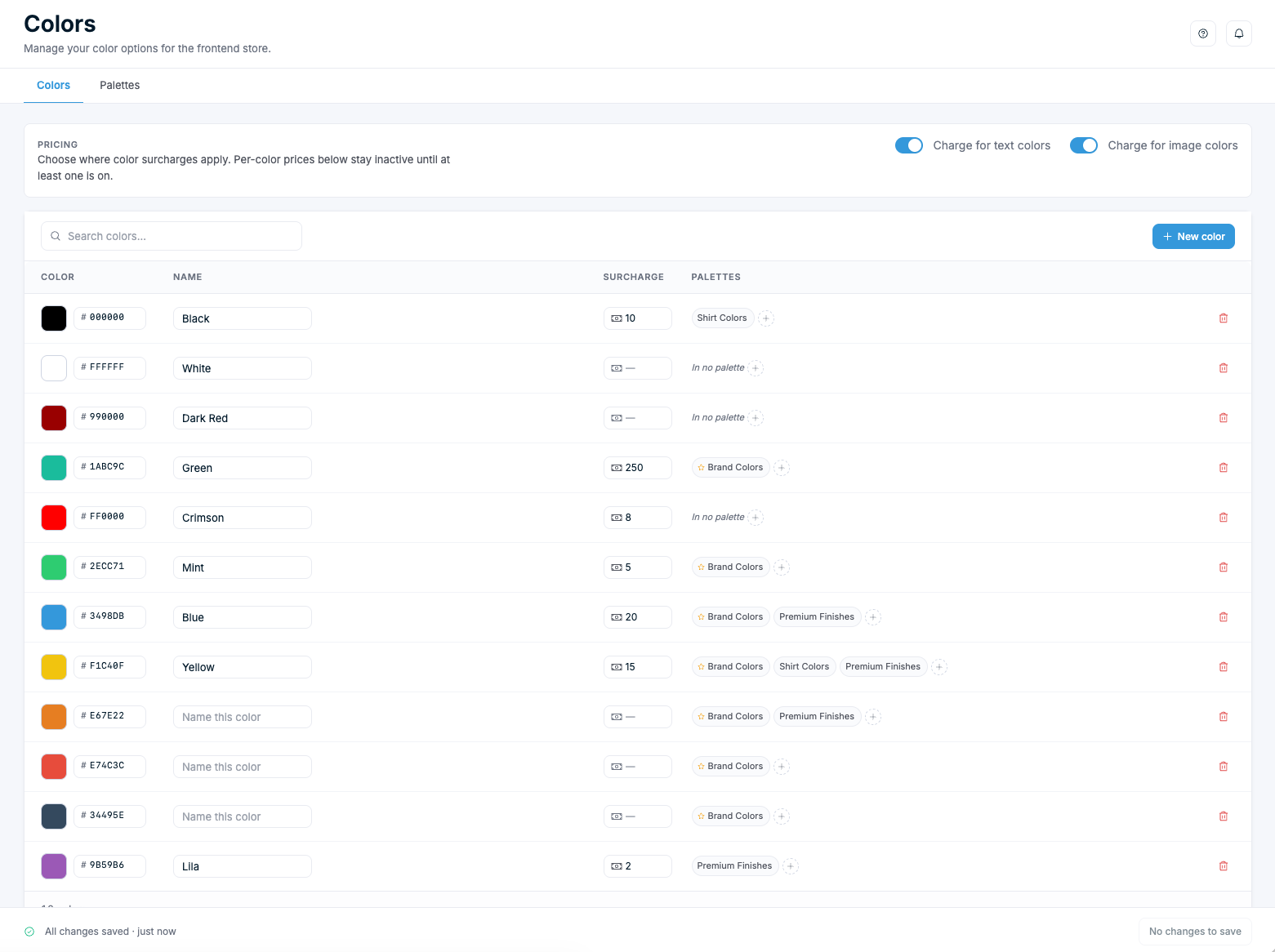 Colors page β color library with pricing toggles