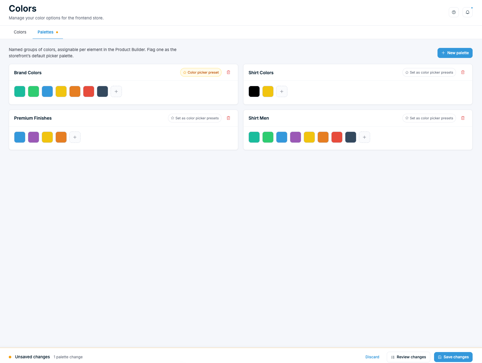 Palettes tab β palette cards with picker preset toggle
